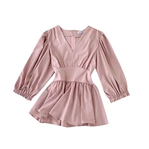 Женская рубашка с V-образным вырезом, весенне-осенняя Элегантная Дамская стильная рубашка с тонкой талией, однотонные топы с пышными рукавами, блузки ML564