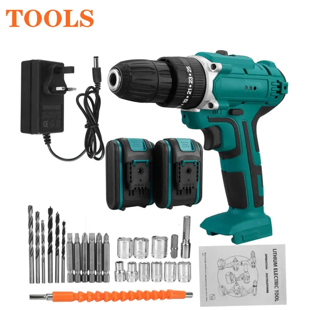 

Electric Drill 48V 6000MAH 3 in 1 Cordless Impact Hammer Screwdriver 25+3 Turque Wireless Power Driver Tools Set with 2 Battery