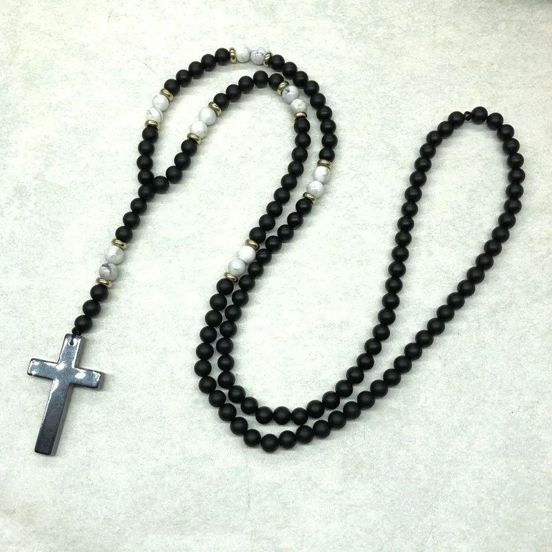 

6mm Black Stone Wood Beads with Black Stone Cross Pendant Mens Rosary Necklace Mens Mala Jewelry Man Charm Necklace