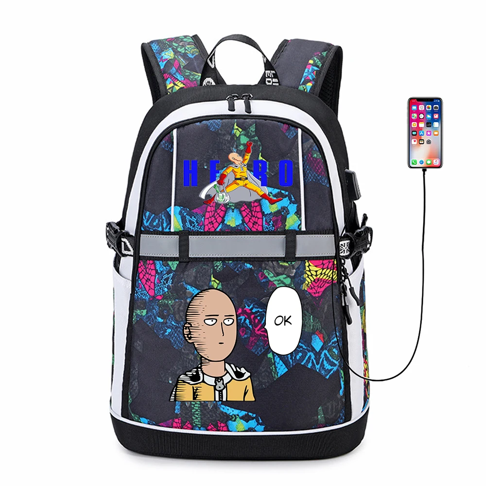 

Anime One Punch Man Student USB Backpack Reflective Stripe Bookbag Zipper Oxford Cartoon Teenger Knapsack Schoolbag Bag