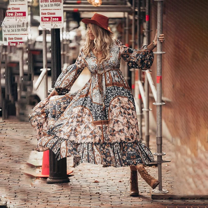 

Spring Bohemian Long Dress Long Sleeve Vintage Ethnic Maxi Dress Chiffon Runway Dress Floral Printing Irregular Retro Dress Boho