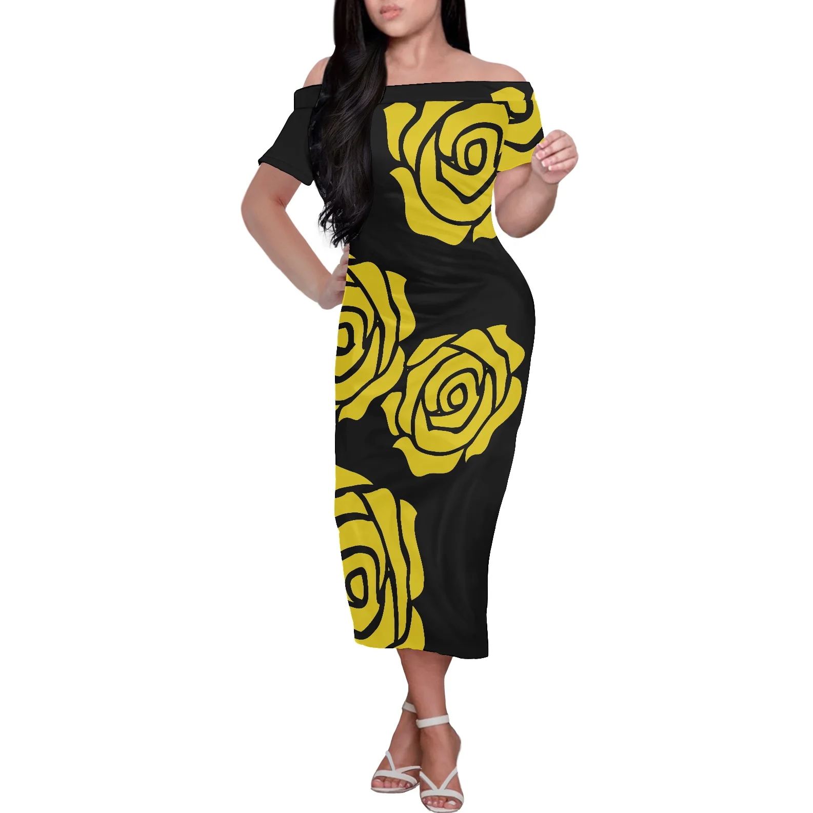 

The New 2022 Polynesian Tribal Yellow Floral Dress Women Summer Strapless Off Shoulder Short Sleeve Knee Length Ladies Dress