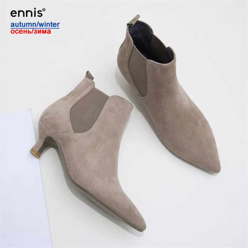 Khaki Plush Inside ENNIS/ г.; европейский дизайн; замшевая женская обувь; элегантные женские ботильоны с острым носком; ботинки из натуральной кожи на маленьком каблуке; A786 - Цвет: Khaki Plush Inside