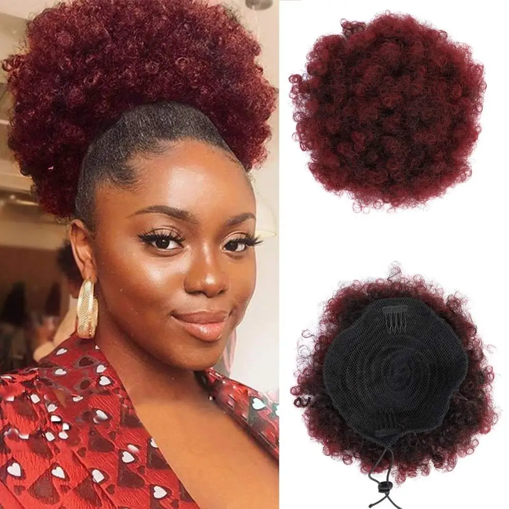 

Kong&Li Puff Afro Curly chignon Wig Ponytail Drawstring Short Afro Kinky Pony Tail Clip In on Synthetic Hair Bun Hair Pieces