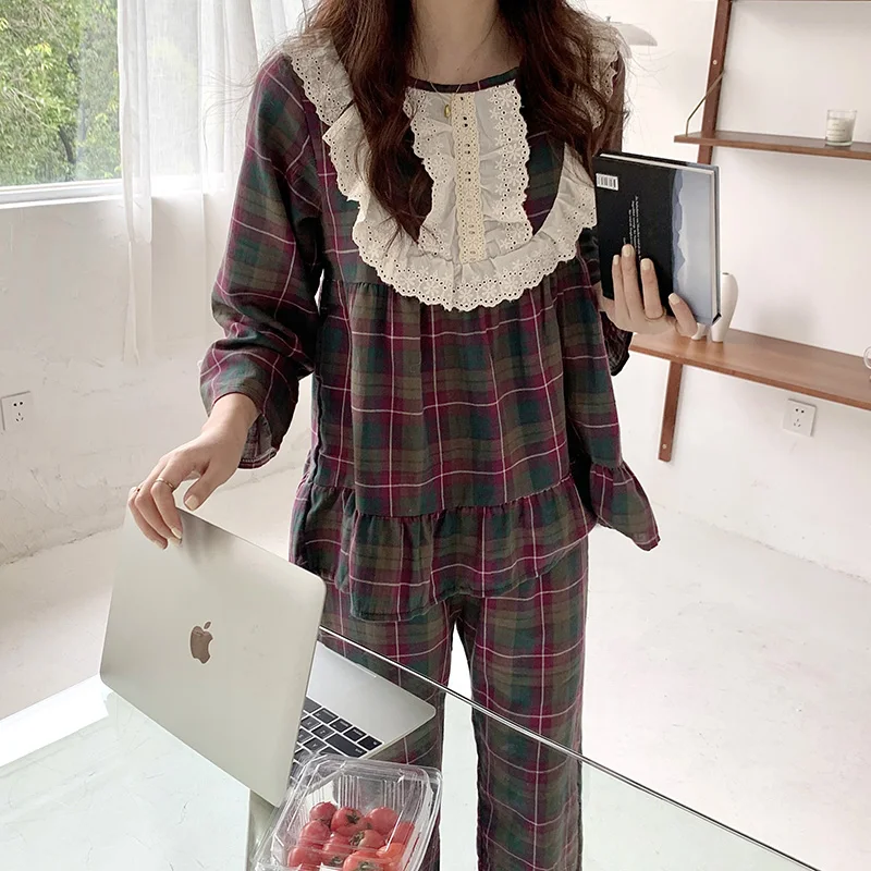 

Женская пижама, винтажная кружевная клетчатая Домашняя одежда из 100% хлопка, пижамный комплект с длинным рукавом и круглым вырезом, пуловер, ...