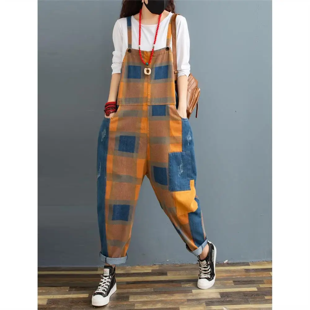 

Real picture of fat mm2021 spring and summer Plaid jeans suspenders women's Korean loose 9-point baggy pants show thin one-piece