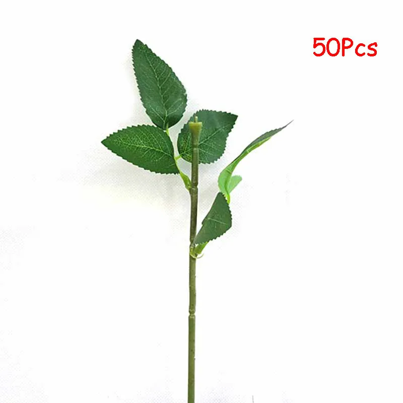 50 шт./лот искусственные цветочные стебли с листьями для свадьбы декоративный свадебный букет Декор моделирование пластиковый цветок розы стержень