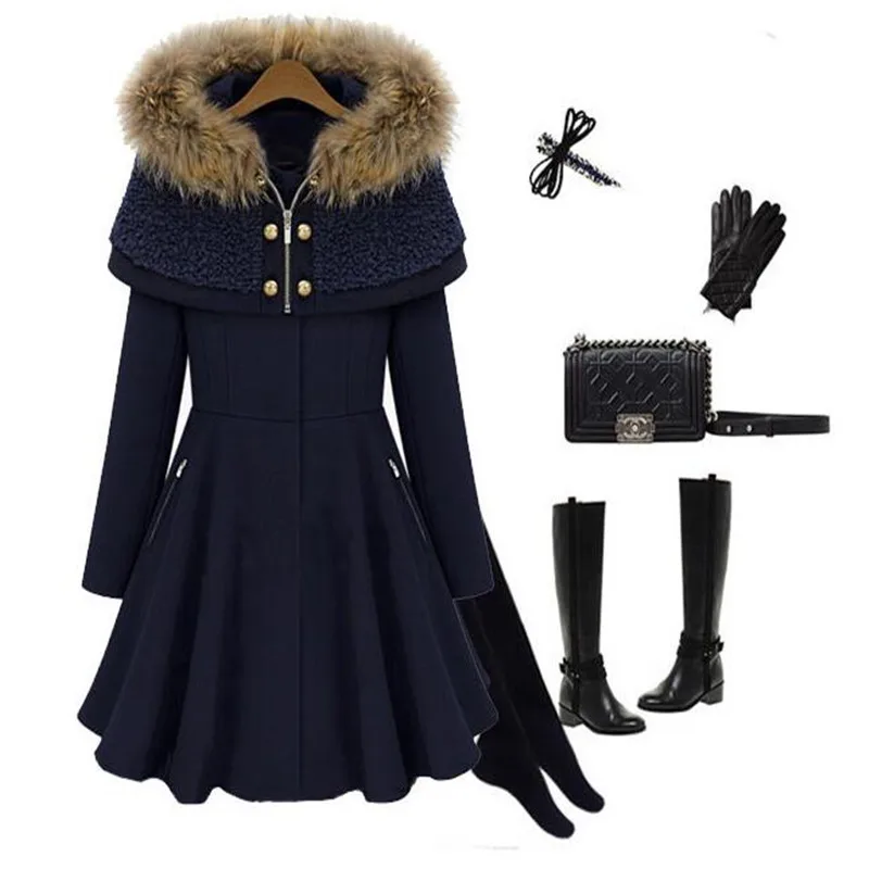 Женское шерстяное пальто средней длины с капюшоном смешанное Осень зима 2020