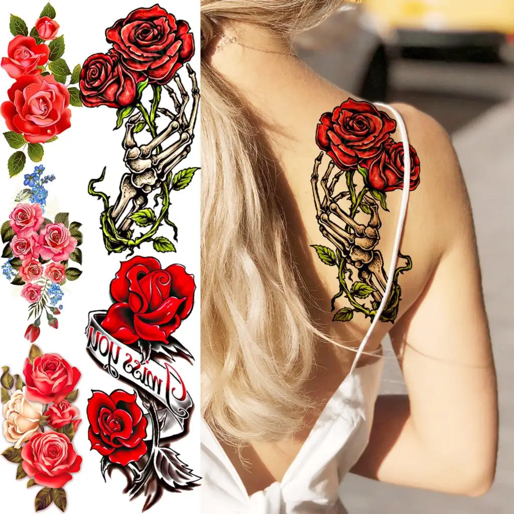 

Sexy Rose Flower Skull Back Temporary Tattoos For Women Adult Peony Realistic Fake Tattoo Arm Body Art Waterproof Tatoos Decal