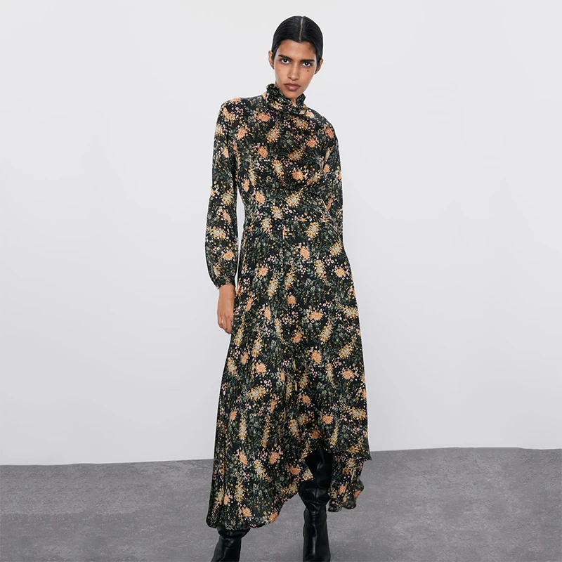 Женское платье миди с принтом ZA асимметричное в стиле бохо воротником стойкой и