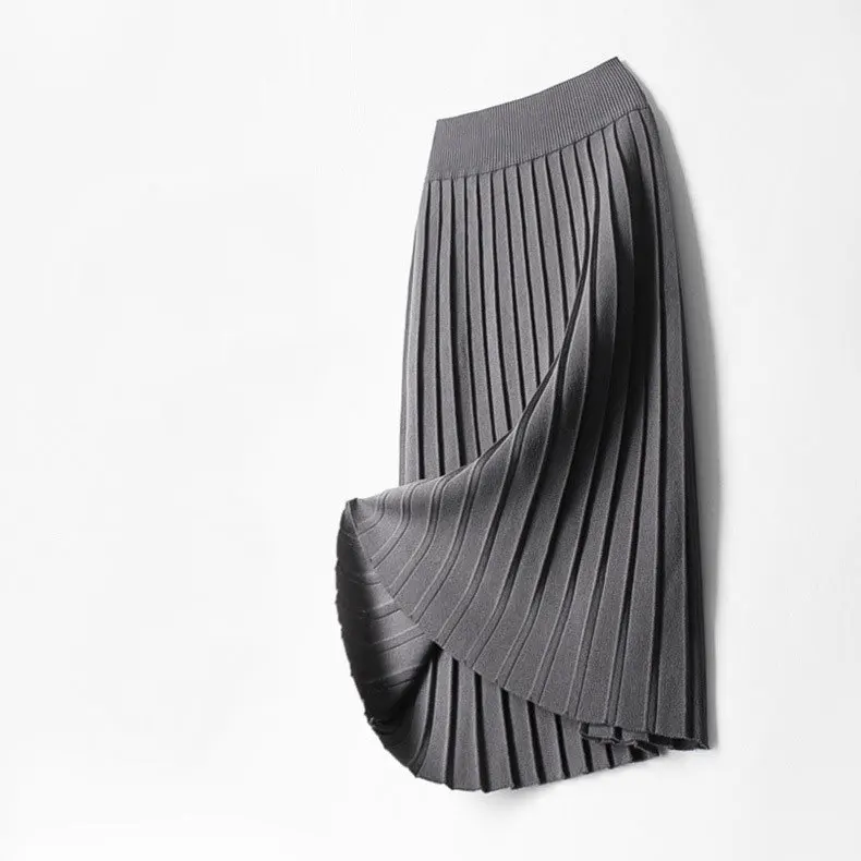 

2020 Autumn Winter Vintage Knitted Pleated Long High Waist Women Female Ladies Midi Skirt Saia