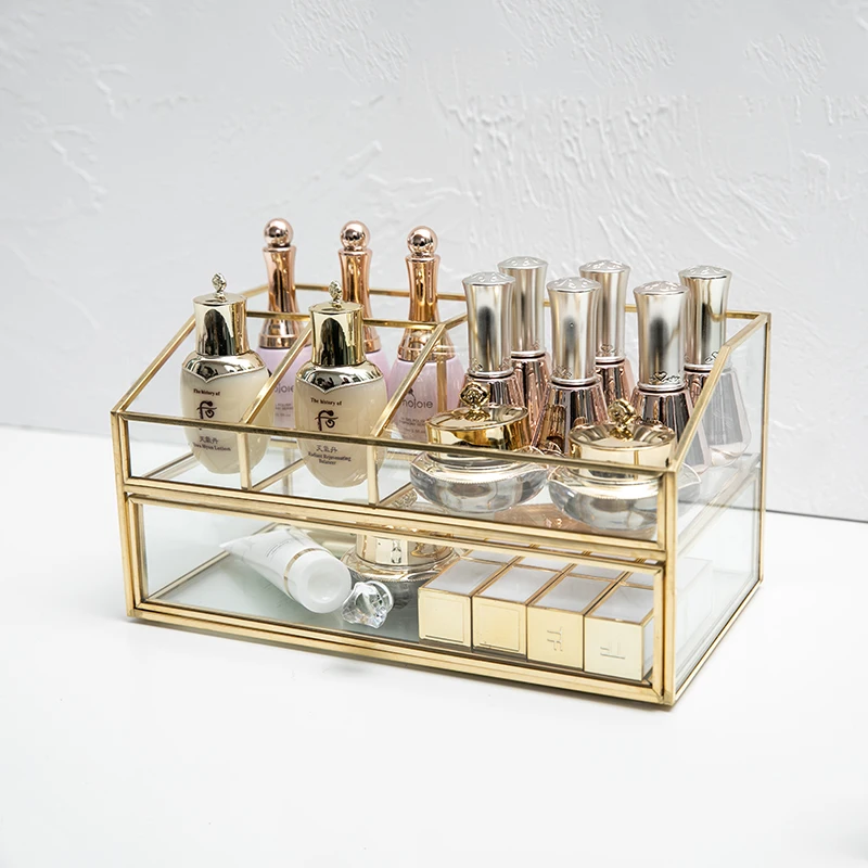 

Brass Glass Cosmetic Organizer Box Bathroom Storage Makeup Perfume Storage Nail Polish Lipstick Holder Drawer Display Shelf