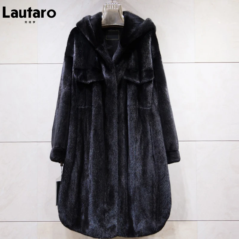 Lautaro Winter Long Black Thick Warm Faux Mink Fur Coat Women with Hood Long Sleeve Korean Fashion 2021 Fluffy Jacket One Size