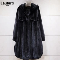 lautaro winter long black thick warm faux mink fur coat women with hood long sleeve korean fashion 2021 fluffy jacket one size