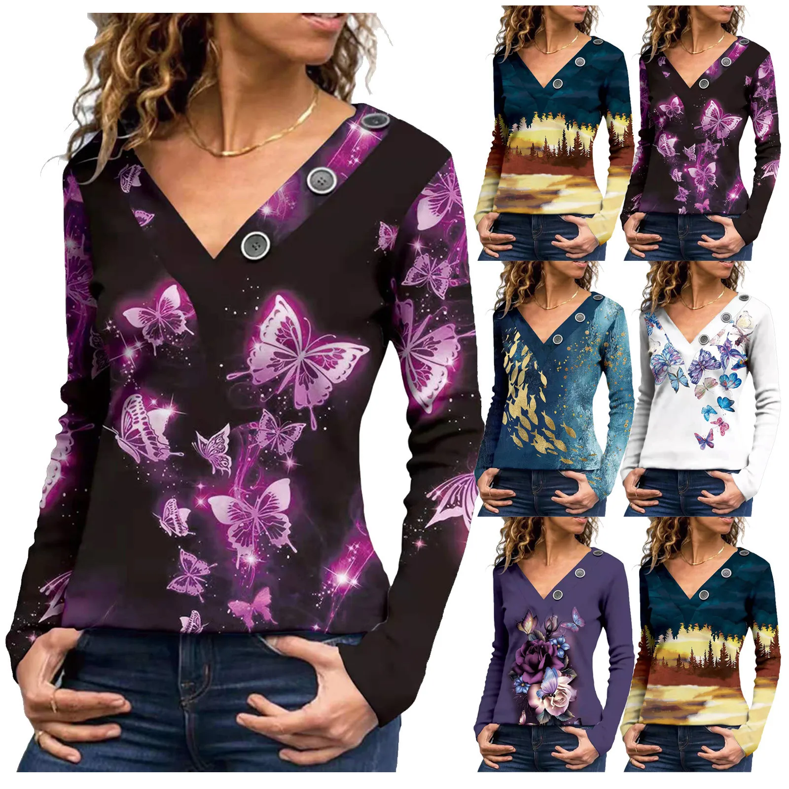 

Женская футболка с V-образным вырезом и длинным рукавом, 84 # Q