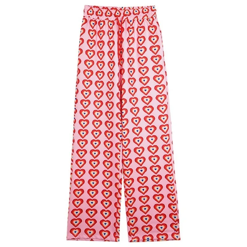 

2021 Fashion High Waist Drawstring Heart-shaped Print Loose and Thin Drape Wide-leg Pants Trousers Spring and Autumn Thin Women
