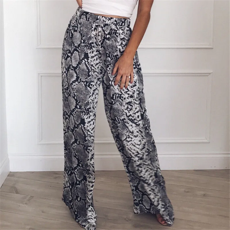 

Women Palazzo Flared Wide Leg Pants High Waist Loose Culottes Snakeskin Printed Leopard Print Long Trousers Women