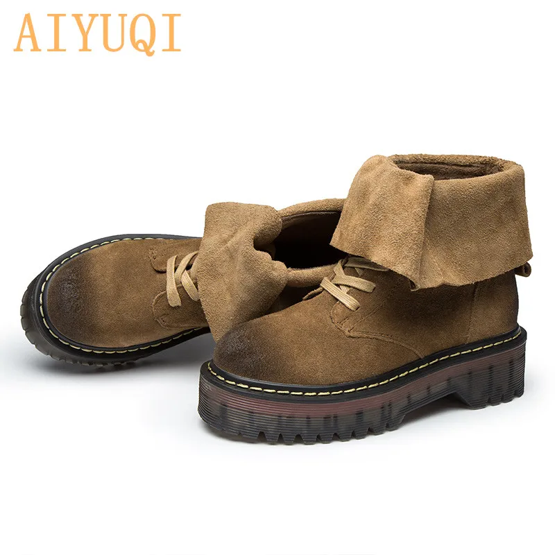 AIYUQI; Новинка года; сезон осень; женские Ботинки martin из натуральной кожи; ботинки на платформе, визуально увеличивающие рост; ботильоны для женщин с круглым носком