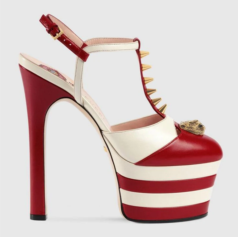 red striped Босоножки с круглым носком; черные туфли-лодочки в готическом стиле; фирменные туфли-лодочки с открытым Т-образным ремешком; женские туфли-стилеты из змеиной кожи; Туфли на очень высоком каблуке 15 см с заклепками - Цвет: red striped