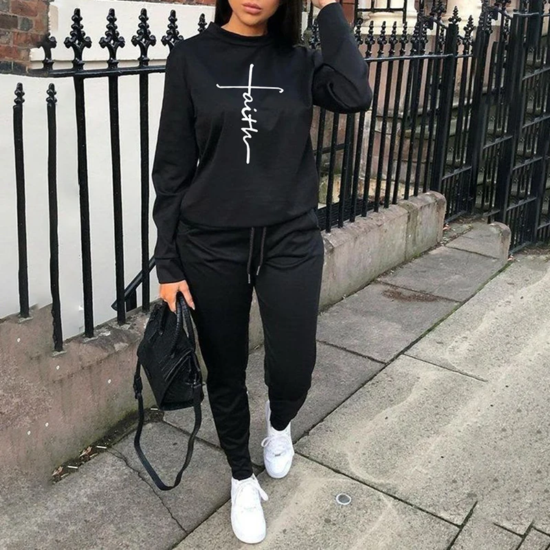

Autumn Women Sets Two Piece Sport Wear Black Round Neck Letter Print Plus Size Long Sleeve Sweatshirt & Oversize Long Pants Set
