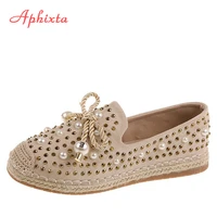 aphixta crystals butterfly knot espadrilles women flat heel hemp shoes shiny loafers luxury pearl moccasins slip on lady flats