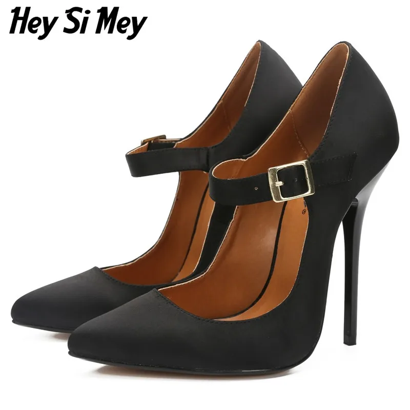 HSM Crossdresser Mary Janes Pumps Sexy Buckle woman shoes Pointed Toe zapatos mujer 13cm Thin heels Stilettos Plus:40- 46 47 48