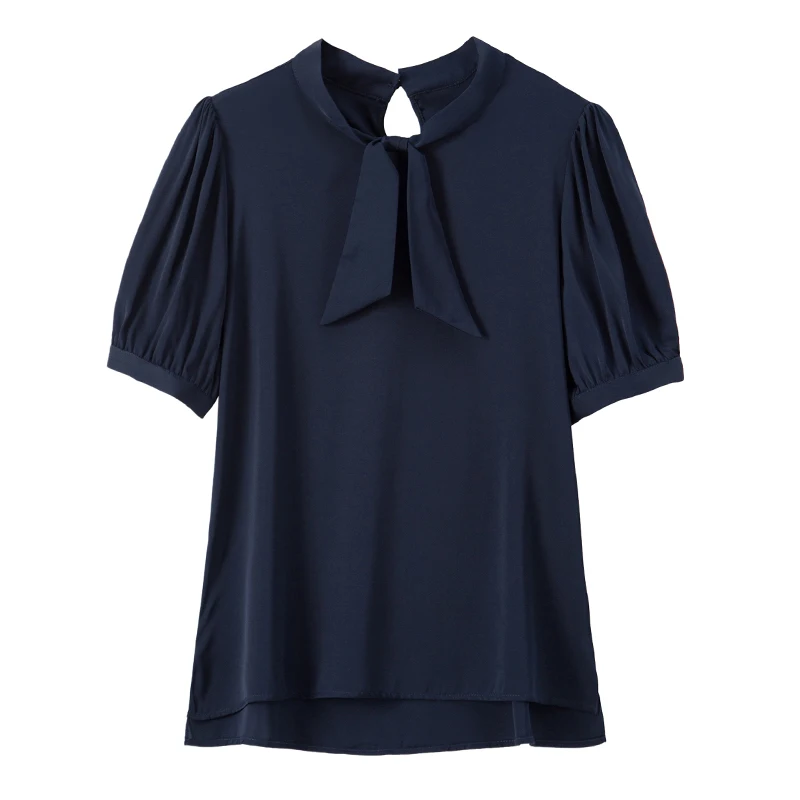 

100% Natural Silk Women's Shirt Bow Collar Short Puff Sleeves Elegant Fashion Camisa Blouse Tops