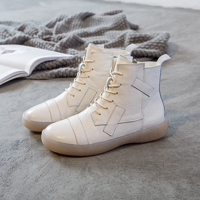 PEIPAH Women's Genuine Leather Shoes Woman Ankle Boots Female Retro Flat With Zip Women's Shoes Autumn Winter Bootee Woman
