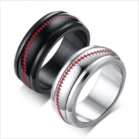 new product launch 8mm stainless steel baseball rotatable ring steel color red sports style jewelry