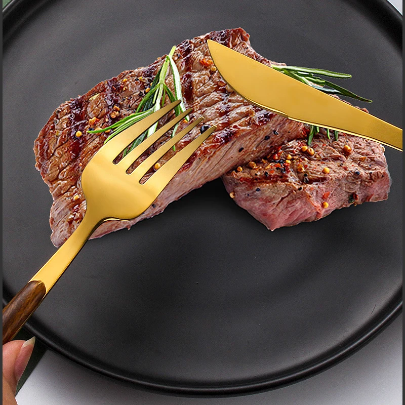 Золотой столовый нож с деревянной ручкой из нержавеющей стали вилка ложка