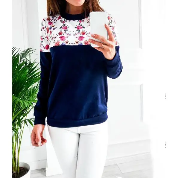 Женские осенние толстовки 2019 однотонный пуловер с круглым вырезом и принтом