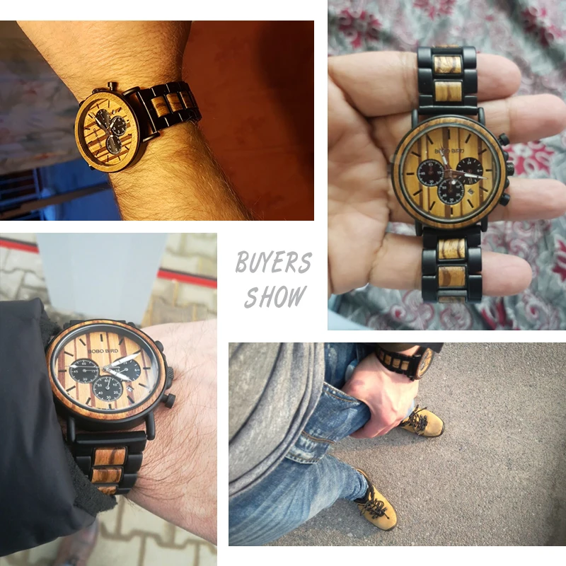 BOBO BIRD деревянные часы для мужчин Секундомер Хронограф relojes hombre Показать дату деревянные кварцевые наручные часы Мужские часы в подарочной коробке
