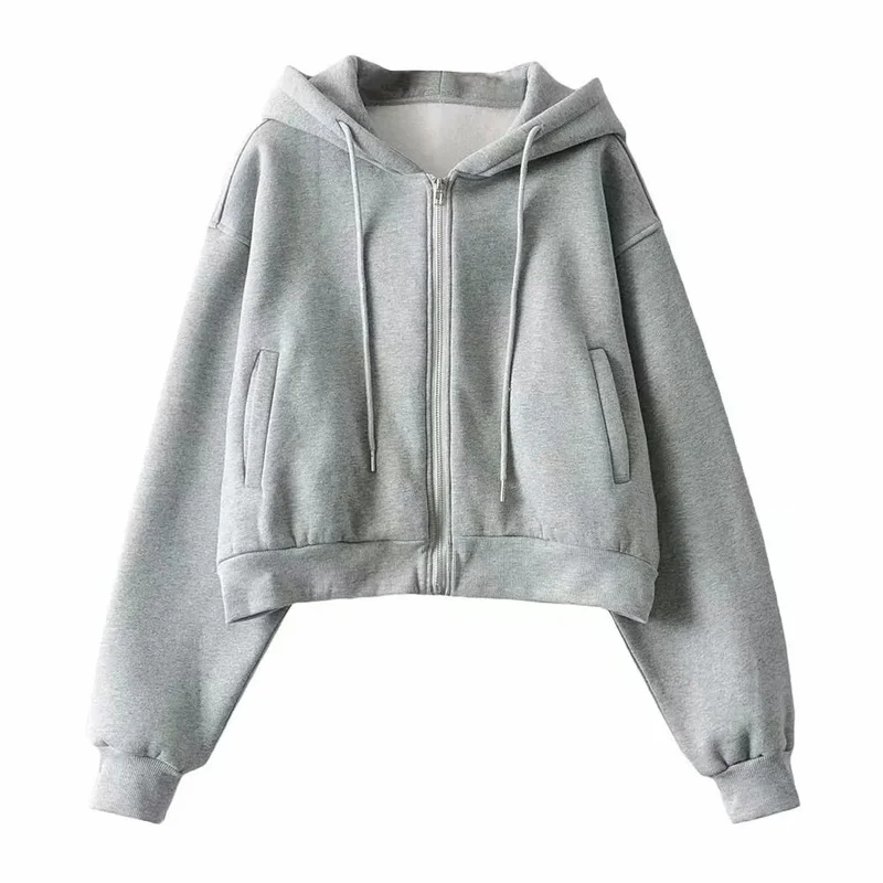 

Autumn Spring Women's Zip Up Hoodies Pockets Slim Crop Top Women Jacket Female Clothes Drawstring White Sexy Hoody Cotton Coats