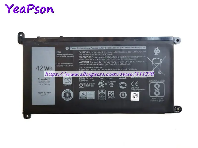 Аккумулятор Yeapson 11 4 в 3510 мАч 51KD7 K5XWW для ноутбука Dell Chromebook 3181 Latitude 5290 Celeron N3060 |