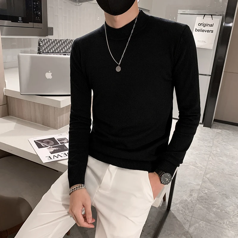 

2021 Brand New Autumn Men's Sweater Pure Color Semi-high Collar Knitting for Male Half-sleeved Sweaters Tops