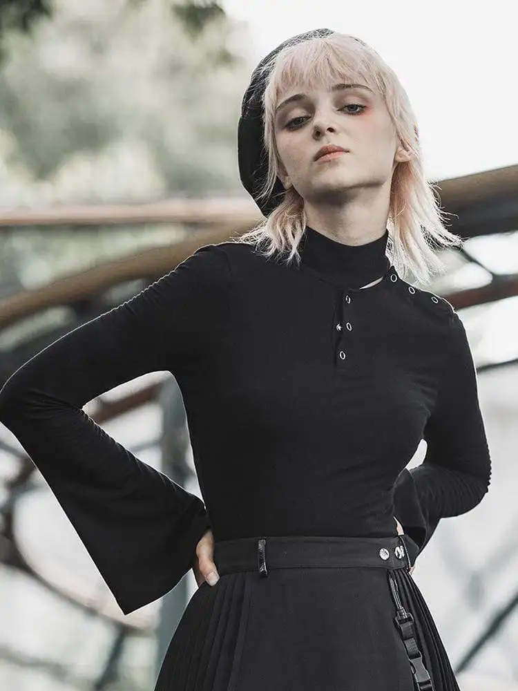 Панк рейв Женская высокая шея пряжки с расклешенными рукавами футболки PT