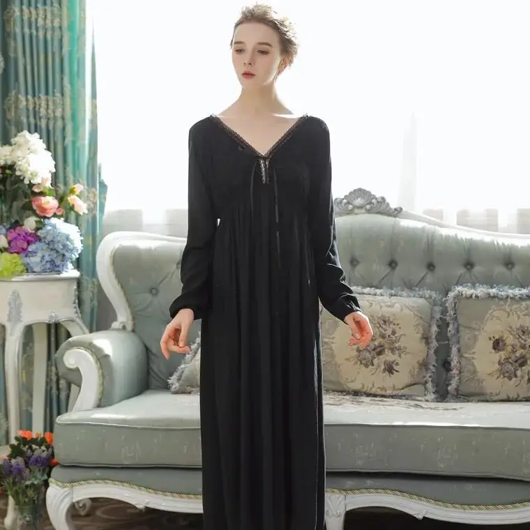 

Nightgown Women Spring/Autumn French V-neck Sexy Long Sleeve Nightdress Retro Court Princess Style Lace Sweet Sleeping Dress