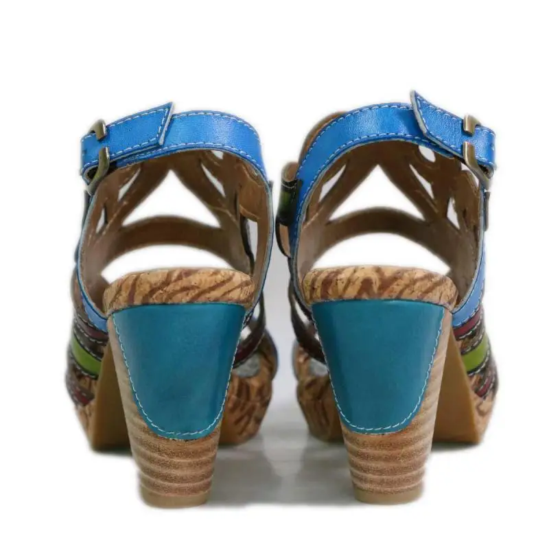

Johnature Genuine Leather Women Sandals 2021 New Summer Retro Mixed Colors Sewing Buckle Strap Square Heel Casual Women Shoes