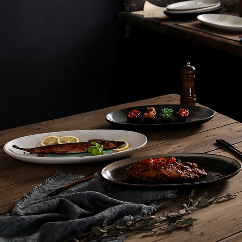 

12 Inch Retro Style Japanese-style Tableware Ceramic Round Plate Snack Spaghetti Salad Plate Sushi Dish Restaurant Household