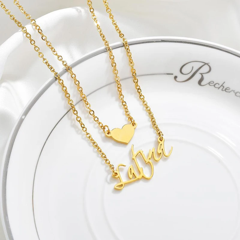 Spark Personalized Name Heart Necklace Stainless Steel Custom Name Double-layer Chain Necklaces For Women Girls Engagement Gift