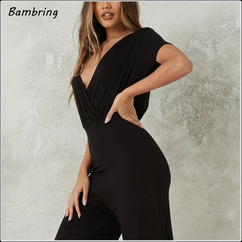 

Women Summer Casual Loose Jumpsuits Sexy V Neck Long Wide Pants Rompers Ladies Soft Short Sleeves Tracksuit Overalls New Custom