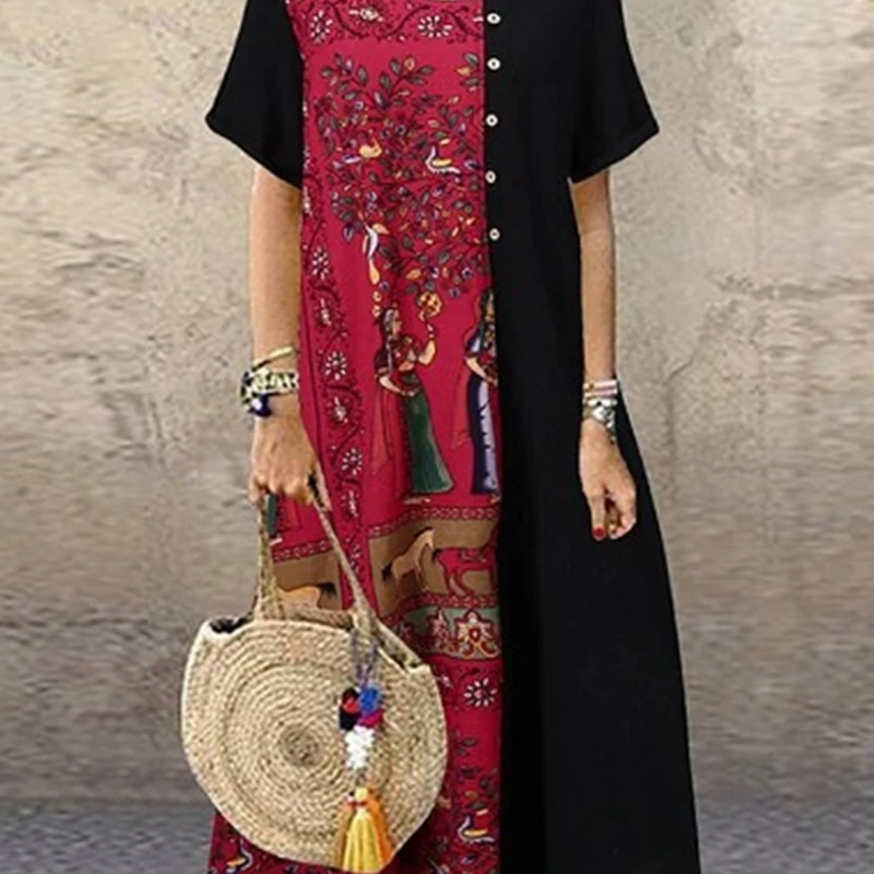 

European and American Express new cotton printing retro contrast color matching round neck dress for women
