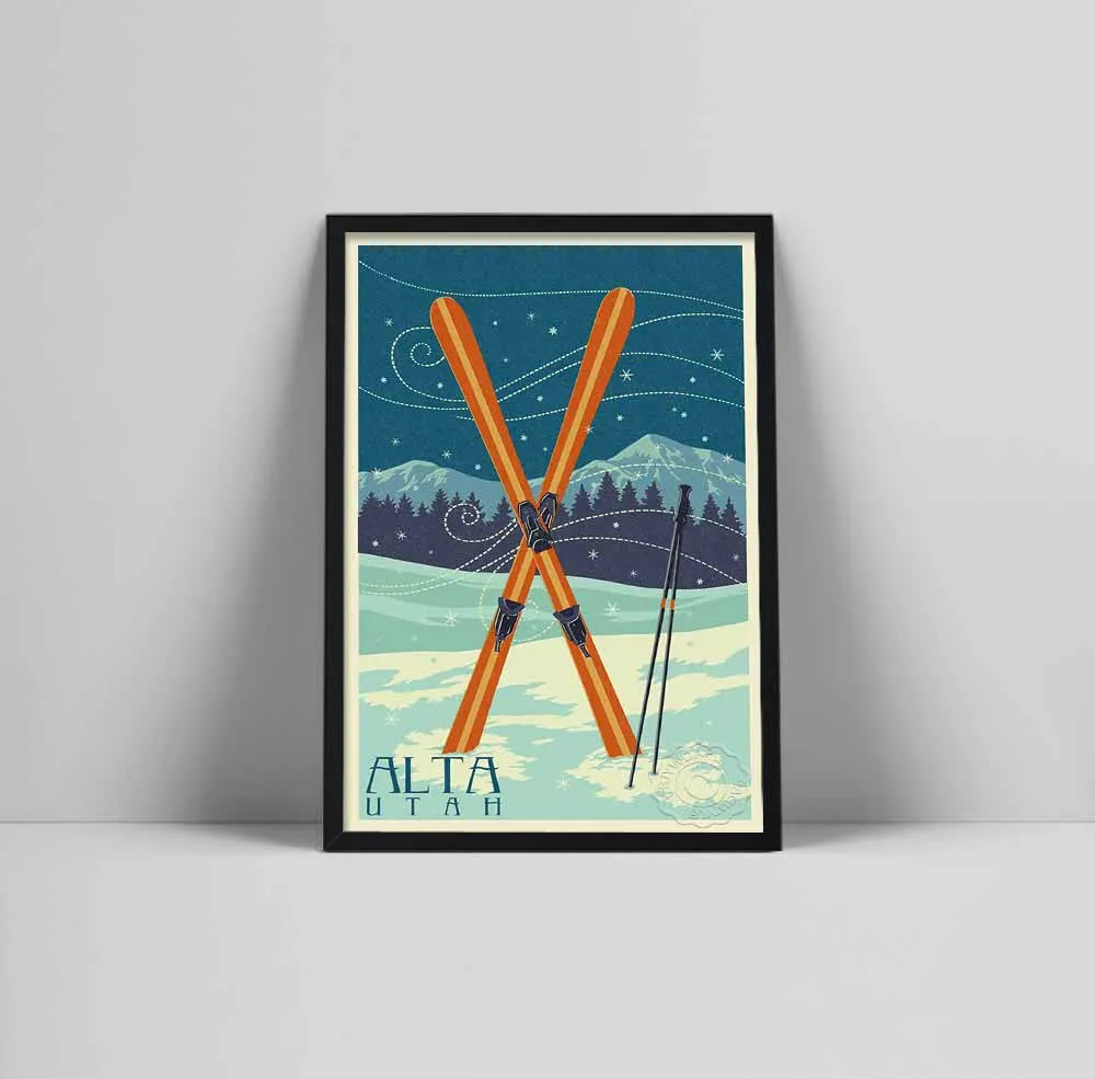 

Utah Winter Ski Ice Skating Art Prints Crossed Skis Posters Vintage Tourism Landscape Canvas Painting Gift Kids Room Bar Decor