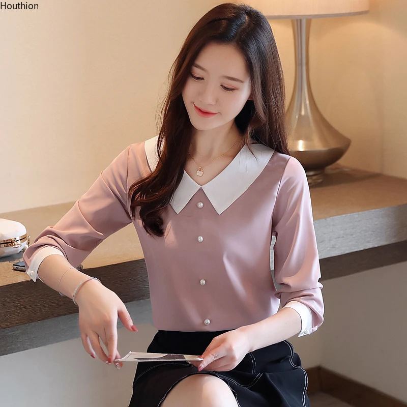 

Houthion Silk Women's Blouses Long Sleeve Top Chiffon Solid Shirt Fashion Casual New Korean Summer Blouse Full Button Regular