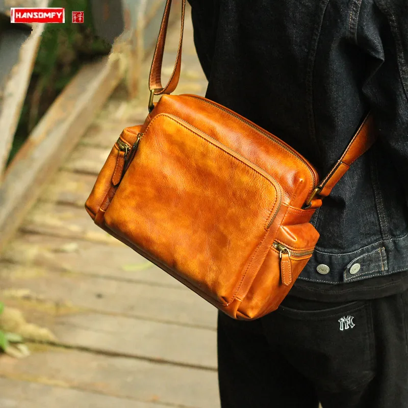 

Мужская сумка-мессенджер через плечо, кожаная повседневная маленькая сумочка в стиле ретро, модные функциональные кожаные мешки с первого слоя для фотоаппарата