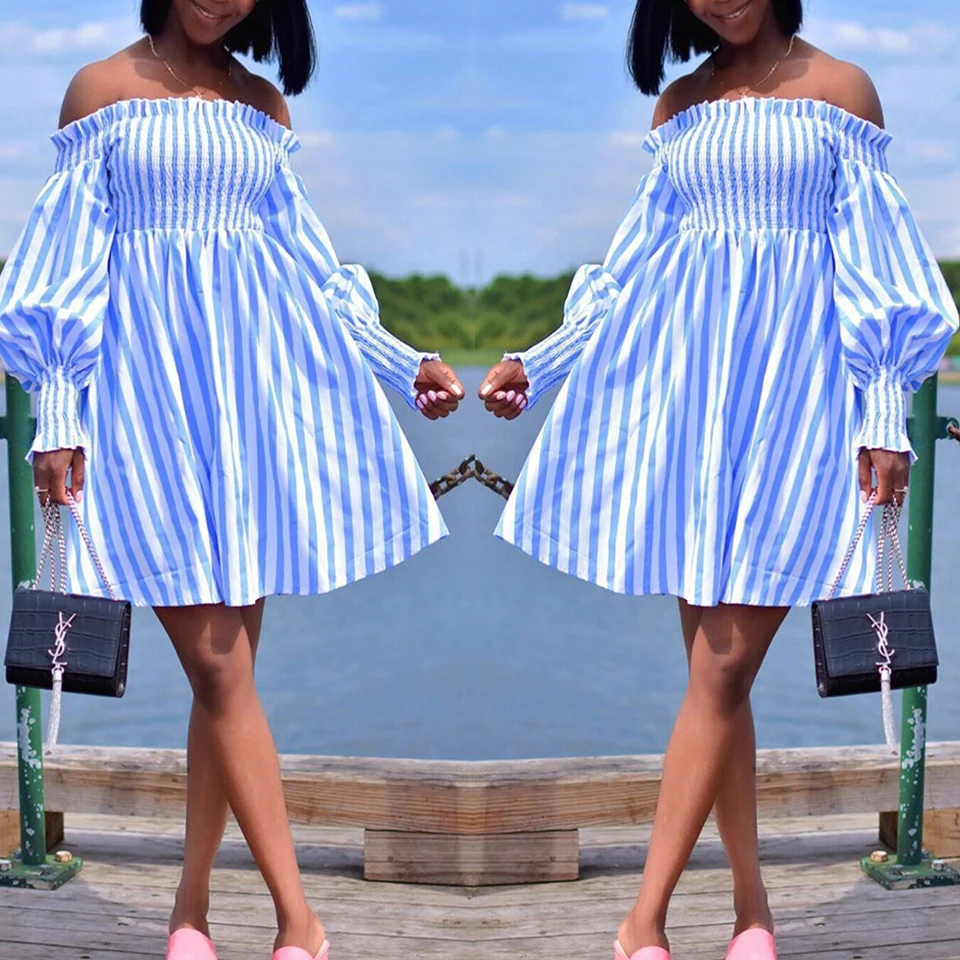 Синий Белый Вертикальная Полоска Отделанный Оборками Платье Оборки Рукава