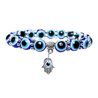 1pc women men flower resin beads lucky elastic bracelet unique blue eye adjustable hand fatima palm bracelet