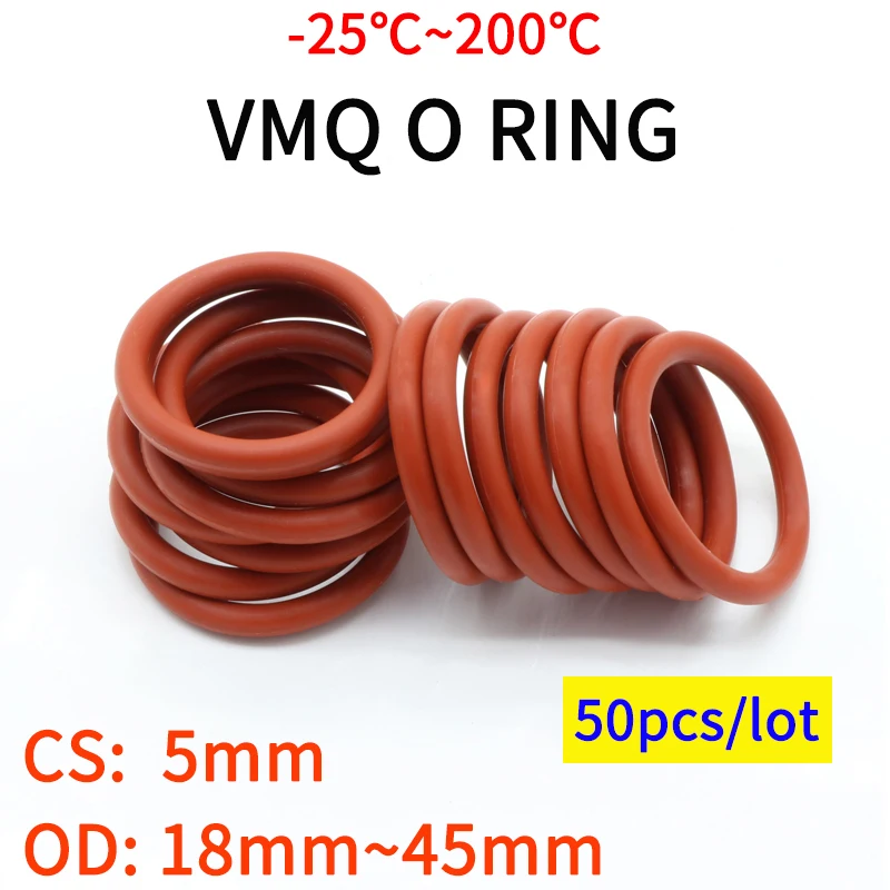 

50pcs VMQ O Ring Seal Gasket Thickness CS 5mm OD 18 ~ 45mm Silicone Rubber Insulated Waterproof Washer Round Shape Nontoxi Red