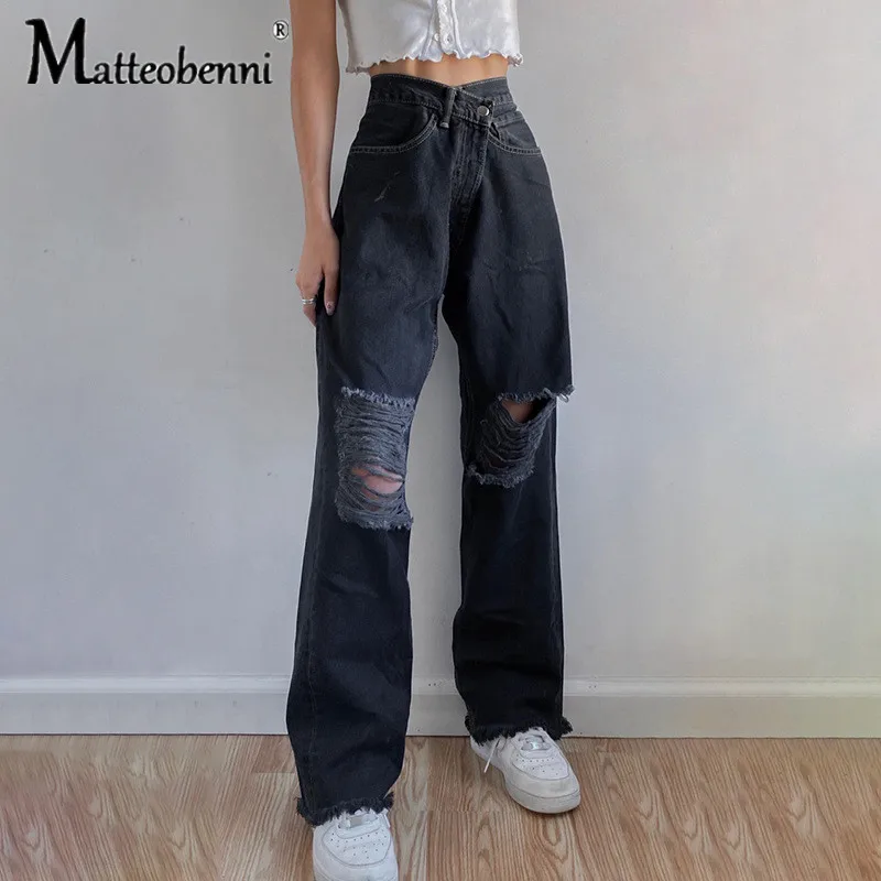 

Hip Hop Black Denim Joggers High Waist Hollow Out Hole Baggy Ripped Jeans For Women Harajuku Aesthetic Straight Pants Boyfriend