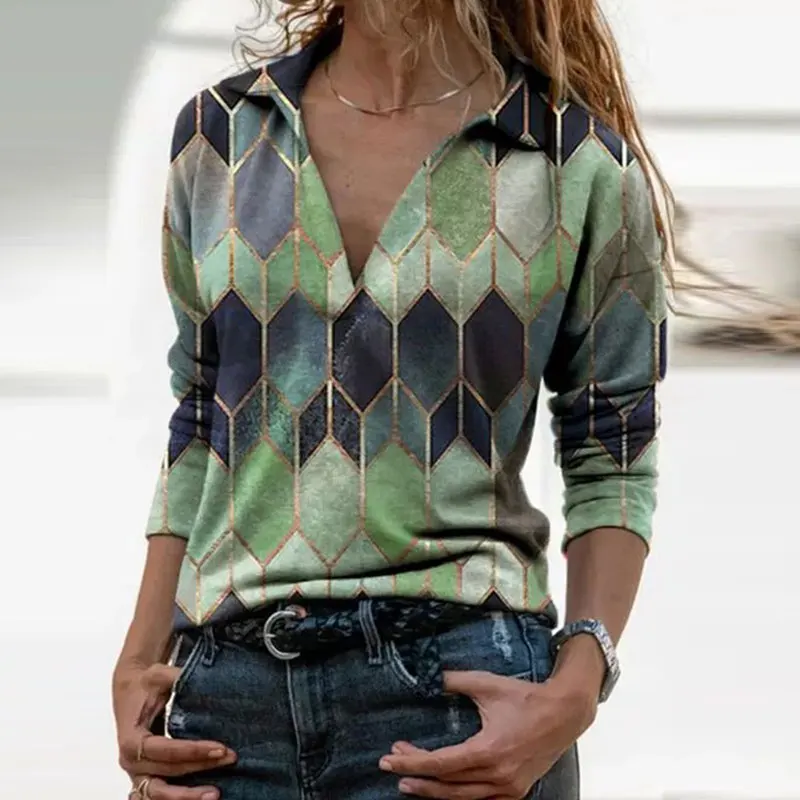 

Women Shirt Long Sleeve Tunic Fashion Spring Casual Pullover Colorful V Neck Tees New Hot Geometric Print Tops Loose T-Shirt